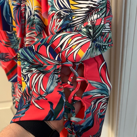 XOXO One Piece Swimsuit Coral Pink Stripe w/Palms Sz 2X - Picture 6 of 12